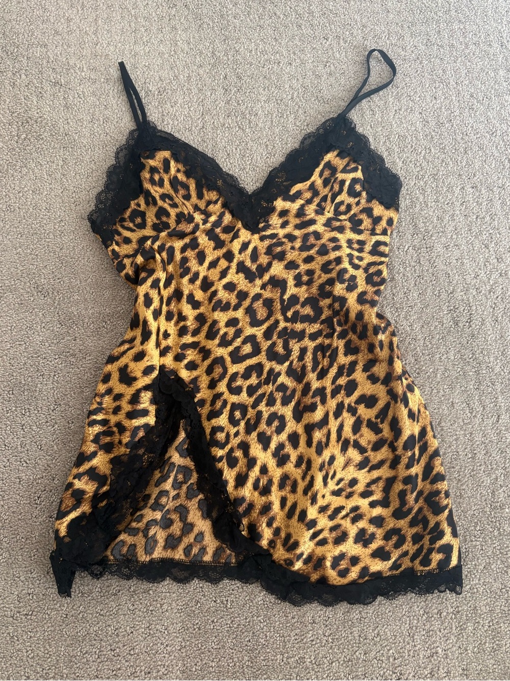 Leopard Print Lace Trim Slip Lingerie Chemise Dress